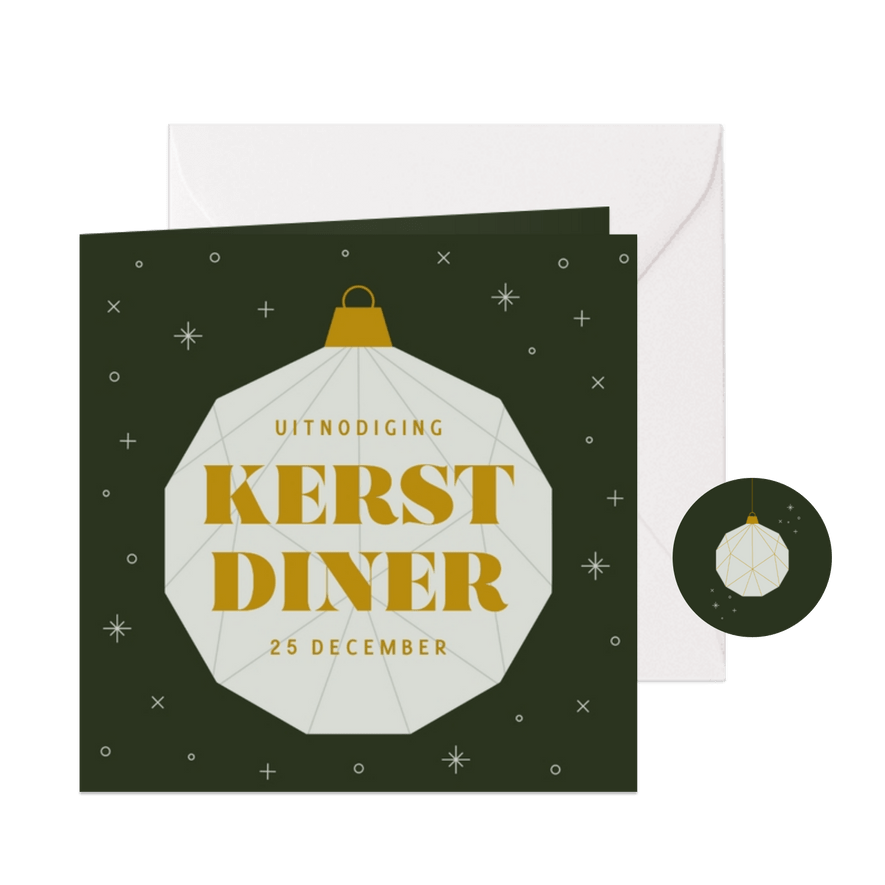 Uitnodiging kerstdiner donkergroen met kerstbal van papier - Kaartimpressie