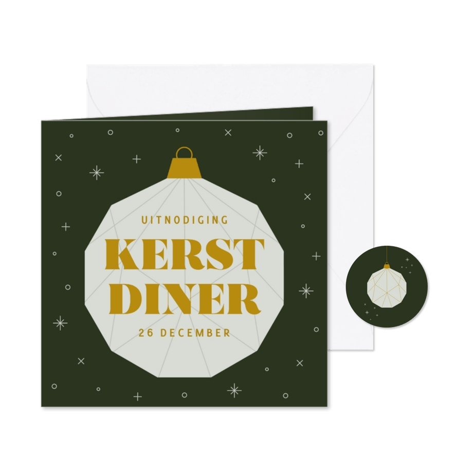 Uitnodiging kerstdiner donkergroen met kerstbal van papier - Kaartimpressie
