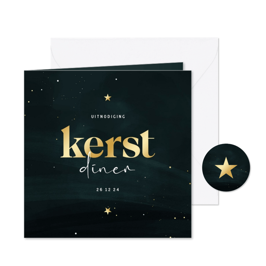 Uitnodiging kerstdiner donkergroen met sterren - Kaartimpressie