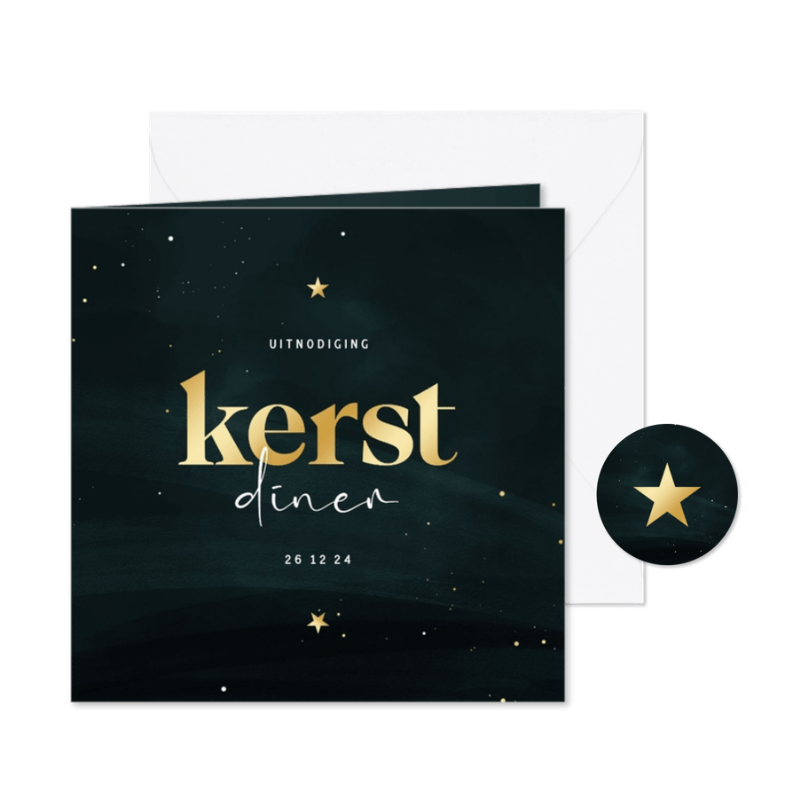 Uitnodiging kerstdiner donkergroen met sterren - Kaartimpressie