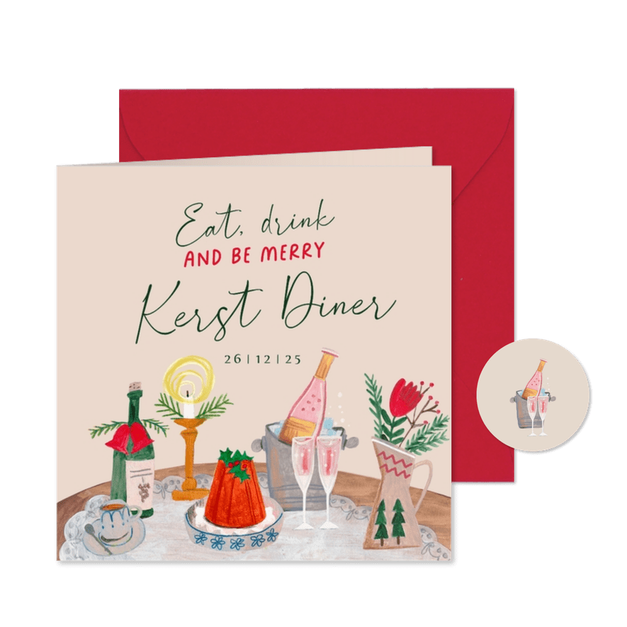 Uitnodiging kerstdiner doodle illustratie eten en drinken - Kaartimpressie