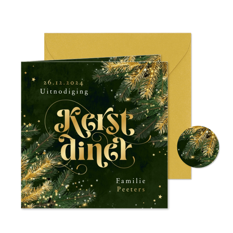 Uitnodiging kerstdiner goud groen sterren sparkle - Kaartimpressie