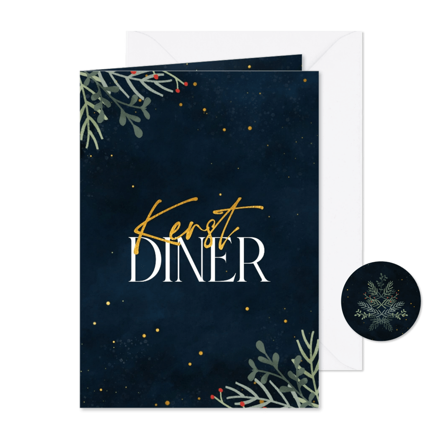 Uitnodiging kerstdiner goudlook en blaadjes - Kaartimpressie
