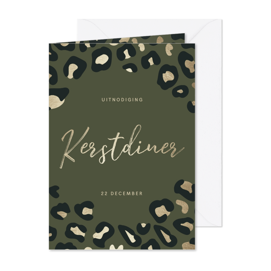 Uitnodiging kerstdiner goudlook panterprint - Kaartimpressie