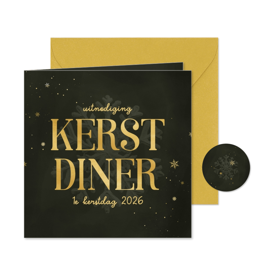 Uitnodiging kerstdiner groen sneeuwvlok goud - Kaartimpressie