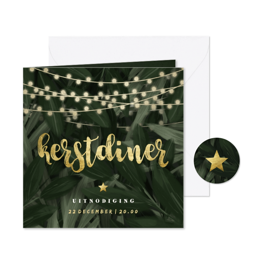 Uitnodiging kerstdiner jungle bladeren met lampjes - Kaartimpressie
