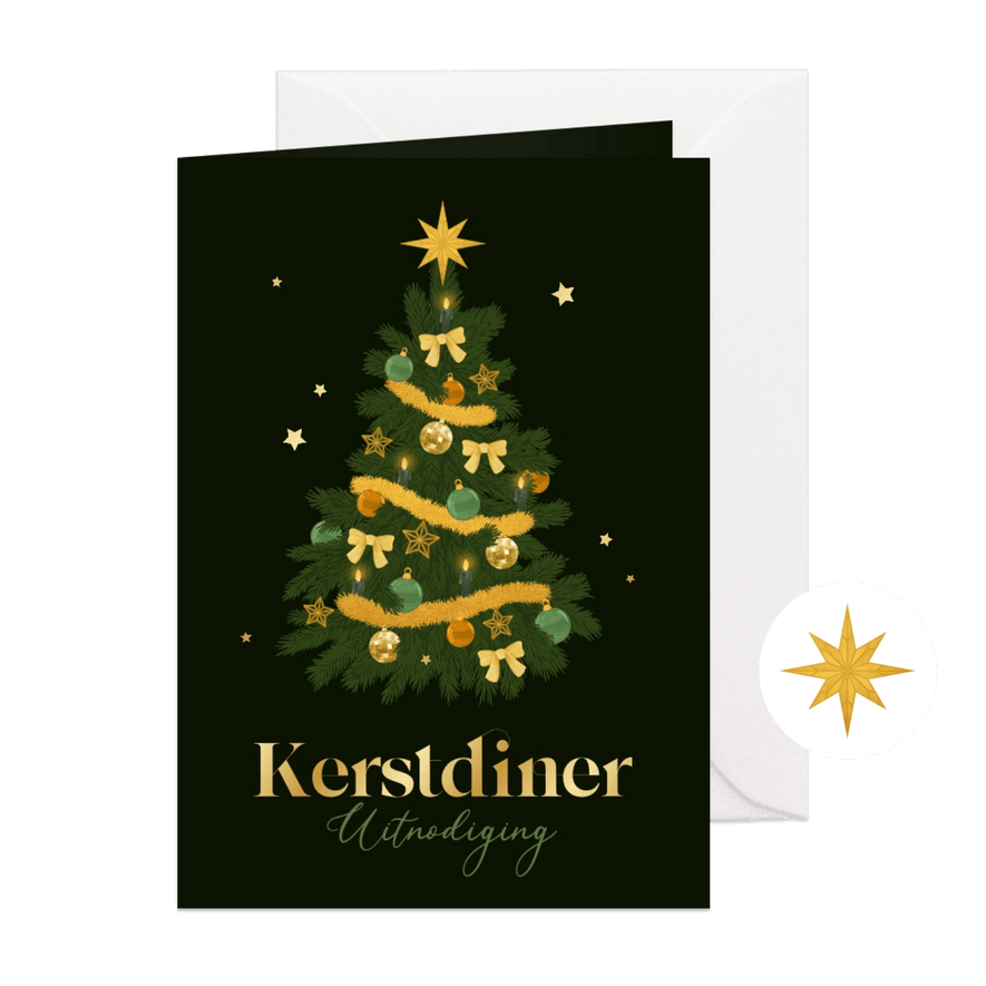 Uitnodiging kerstdiner kerstboom groen goud sterretjes - Kaartimpressie