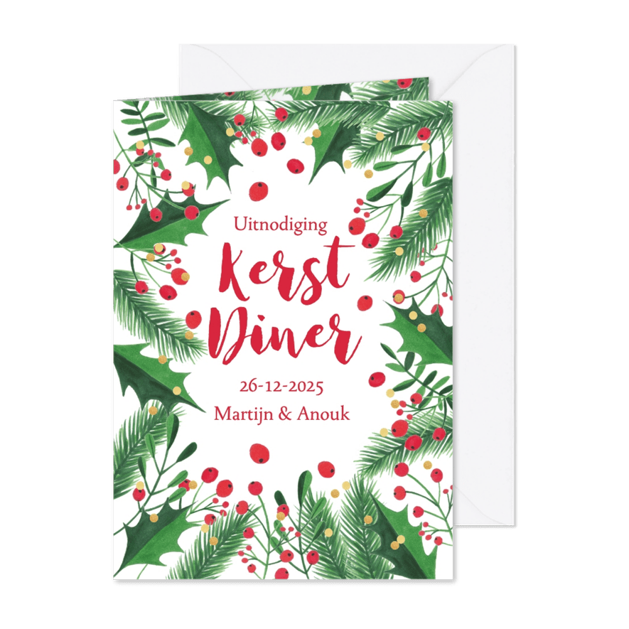 Uitnodiging kerstdiner kersttakken, hulst en confetti - Kaartimpressie