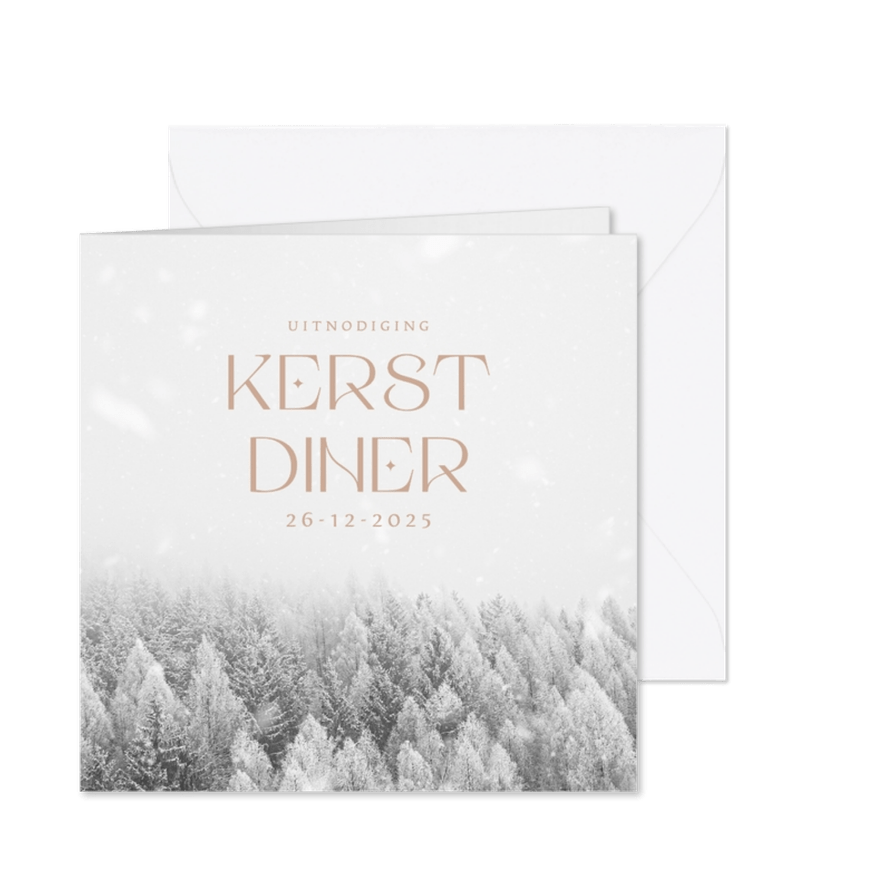 Uitnodiging kerstdiner met besneeuwde bomen - Kaartimpressie