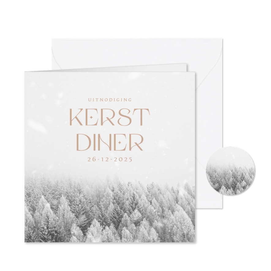 Uitnodiging kerstdiner met besneeuwde bomen - Kaartimpressie