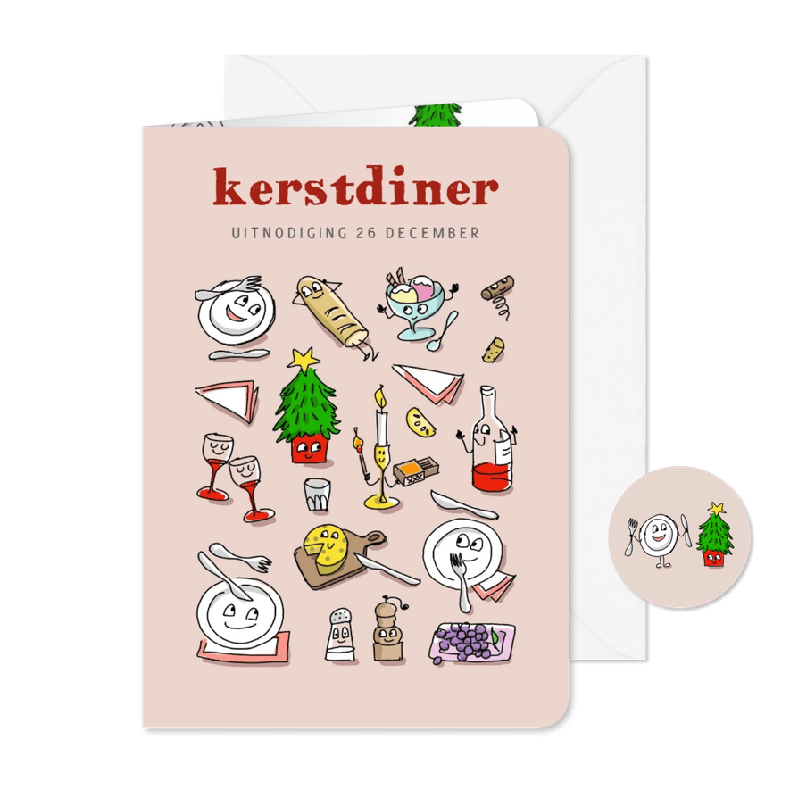 Uitnodiging kerstdiner met borden bestek en meer - Kaartimpressie