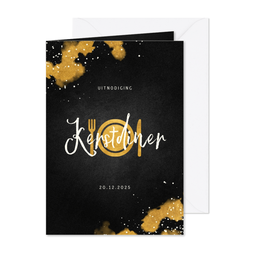 Uitnodiging kerstdiner met gouden bestek - Kaartimpressie