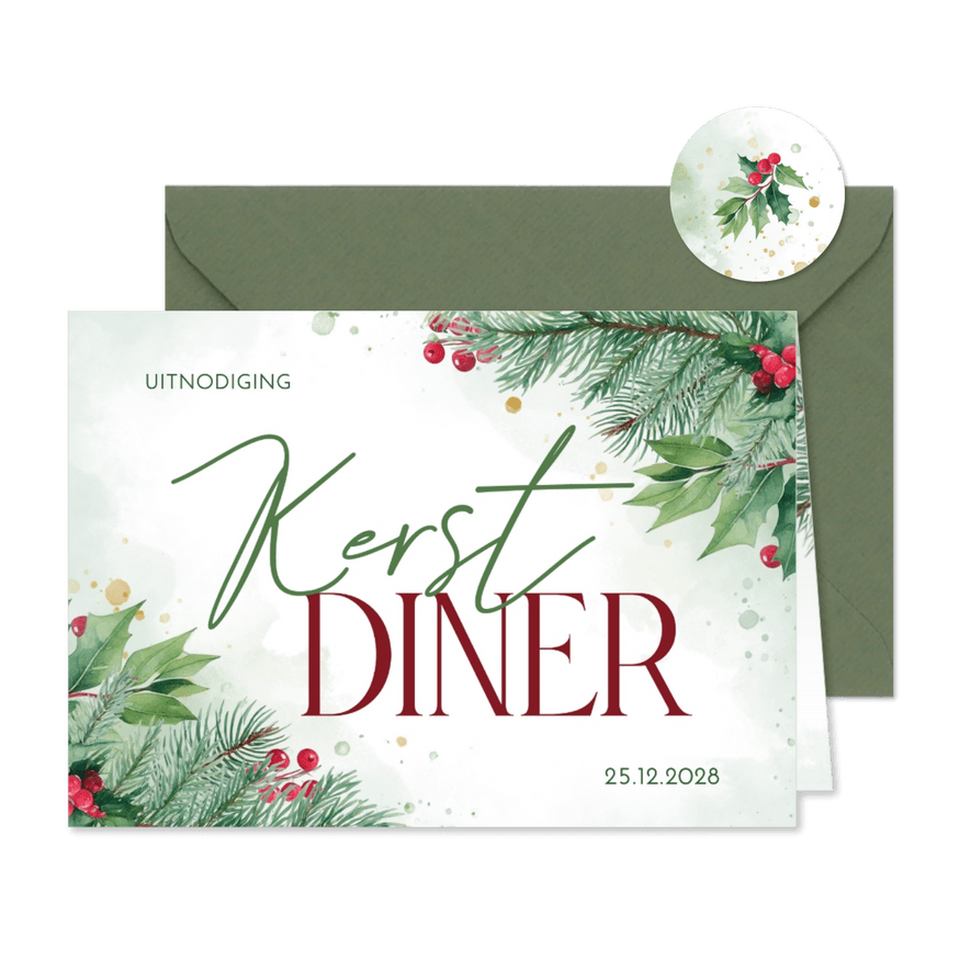 Uitnodiging kerstdiner met hulst- en kersttakjes liggend - Kaartimpressie