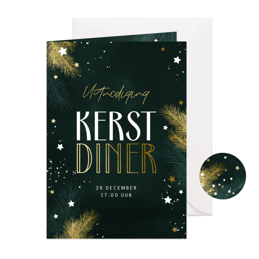 Uitnodiging kerstdiner met kersttakjes en gouden sterren - Kaartimpressie