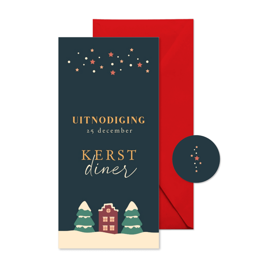 Uitnodiging kerstdiner met sterren en kersthuisje - Kaartimpressie