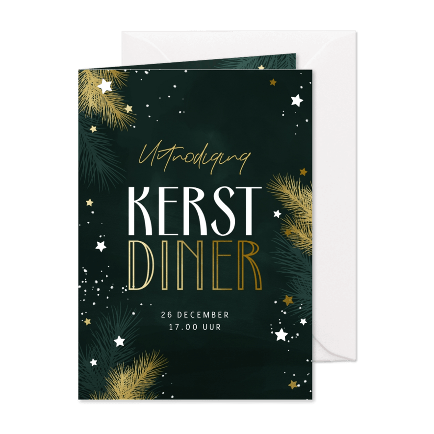 Uitnodiging kerstdiner met takjes en gouden sterren - Kaartimpressie