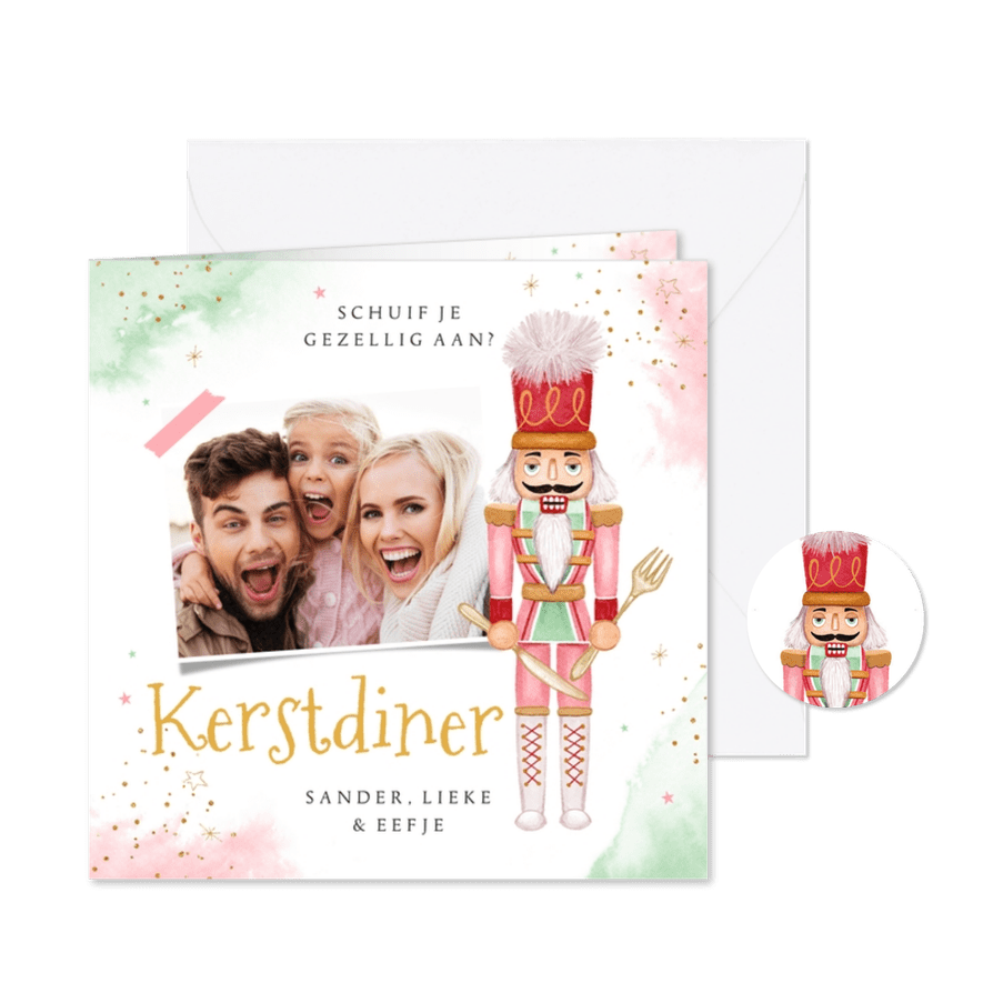 Uitnodiging kerstdiner notenkraker waterverf sterretjes foto - Kaartimpressie