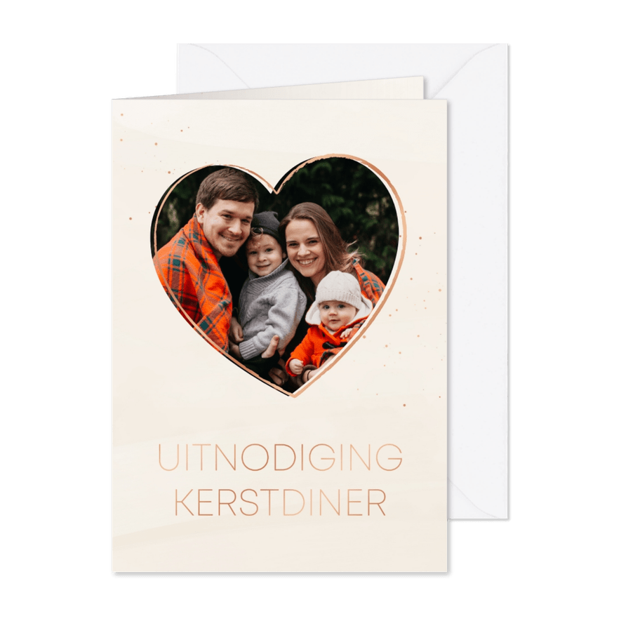 Uitnodiging kerstdiner roze met koperdetails en foto - Kaartimpressie