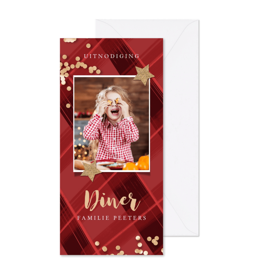 Uitnodiging kerstdiner ruitjes rood confetti goud - Kaartimpressie