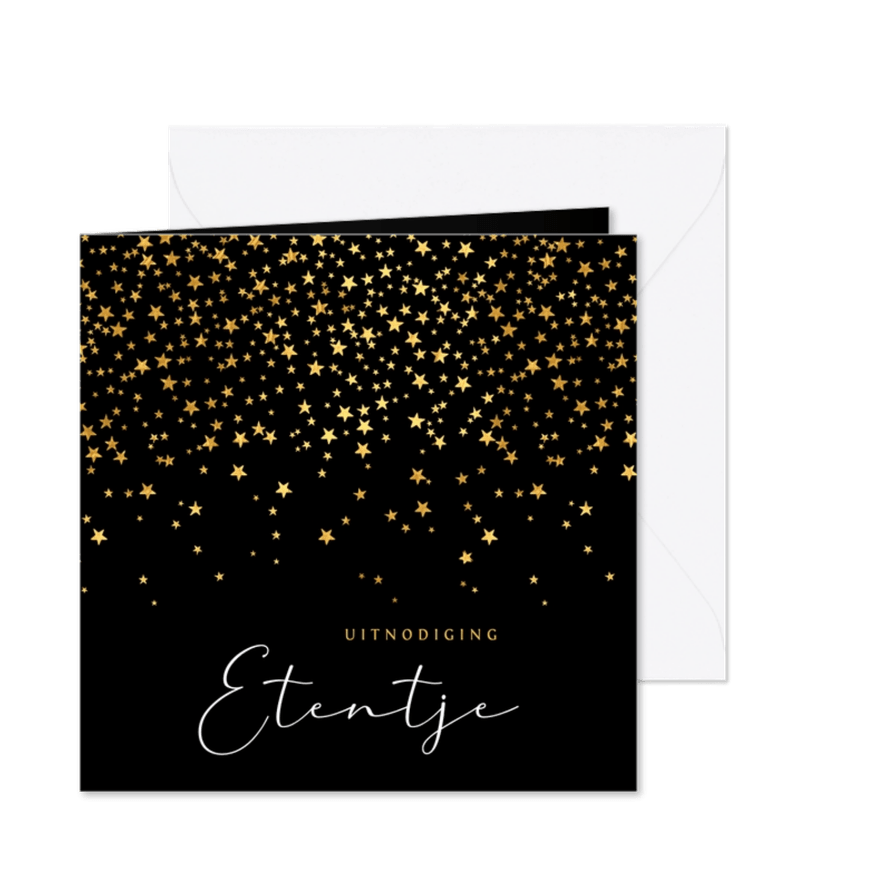 Uitnodiging kerstdiner sterren goud confetti - Kaartimpressie