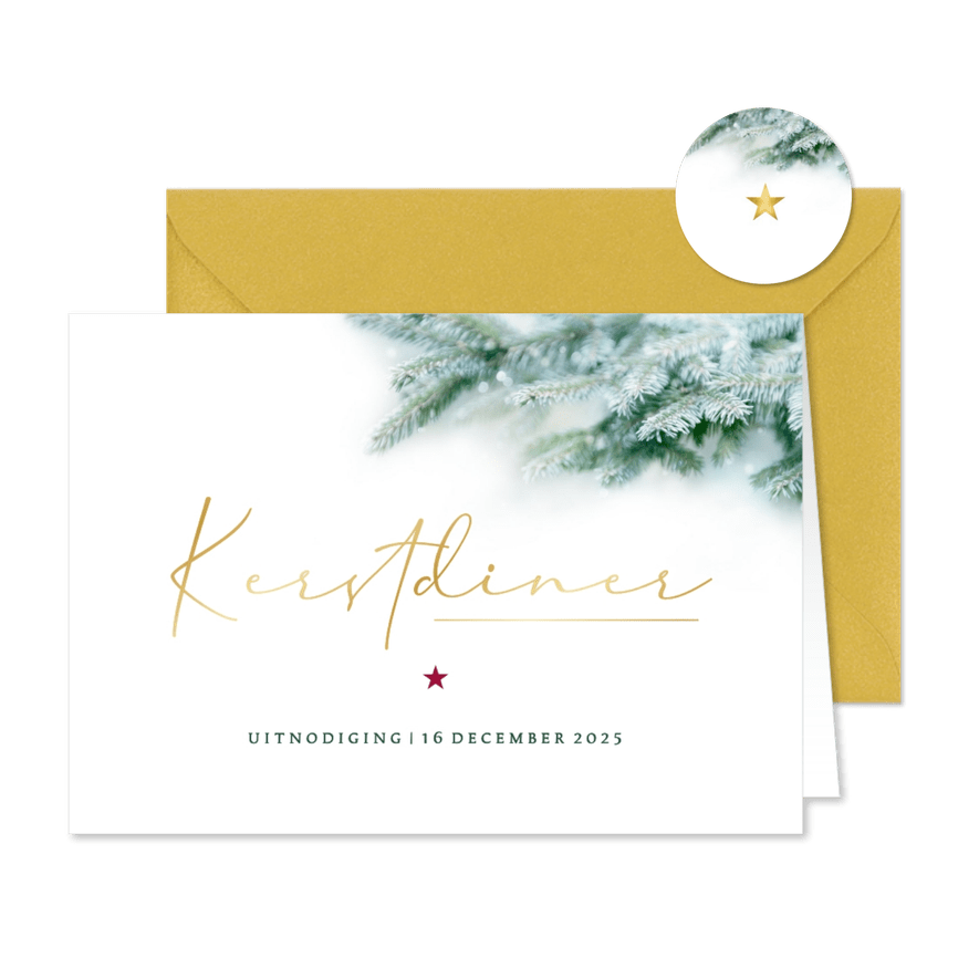 Uitnodiging kerstdiner stijlvol dennentakjes - Kaartimpressie