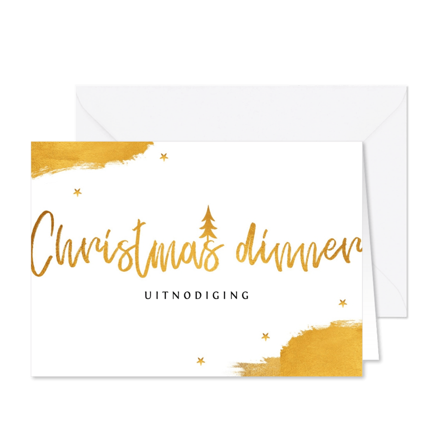 Uitnodiging kerstdiner stijlvol goud met sterren - Kaartimpressie