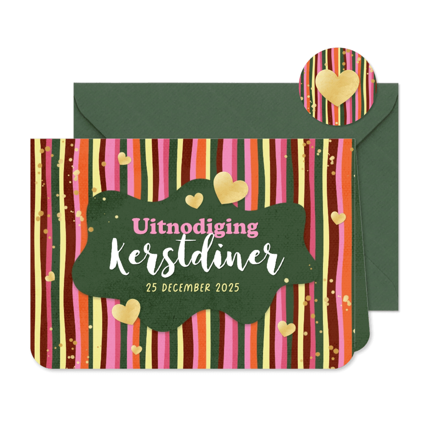 Uitnodiging kerstdiner streepjes hip hartjes goud - Kaartimpressie