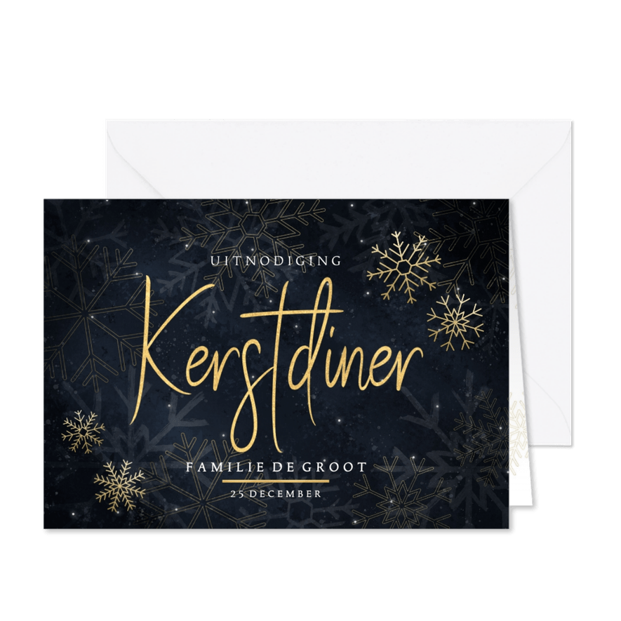 Uitnodiging kerstdiner uitnodiging met gouden sneeuwvlokken - Kaartimpressie
