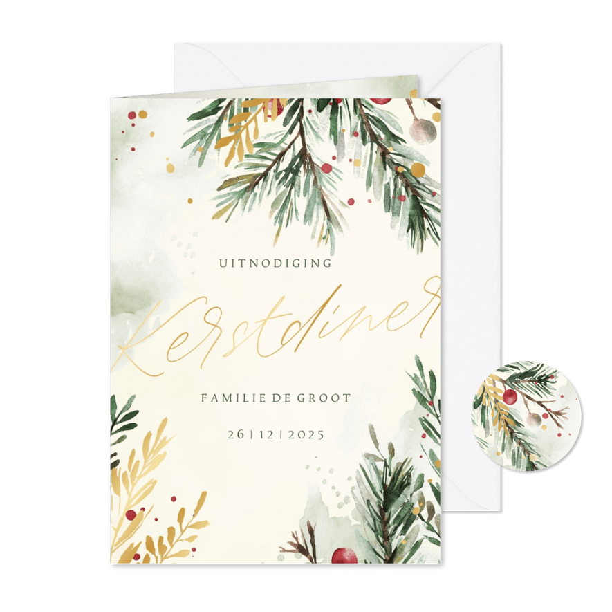 Uitnodiging kerstdiner waterverf kersttakjes met goud - Kaartimpressie