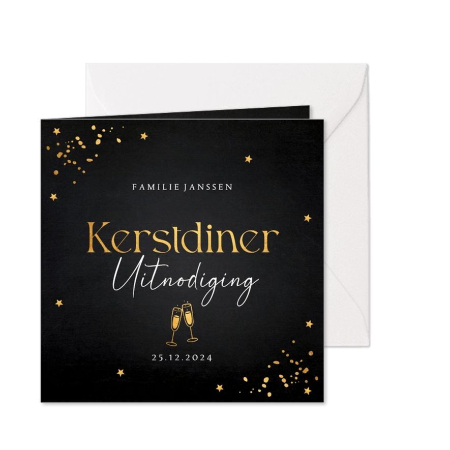 Uitnodiging kerstdiner zwart goudlook confetti - Kaartimpressie