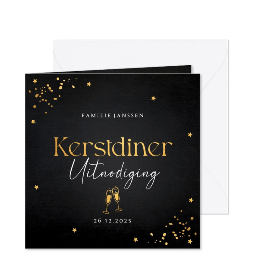 Uitnodiging kerstdiner zwart goudlook confetti - Kaartimpressie