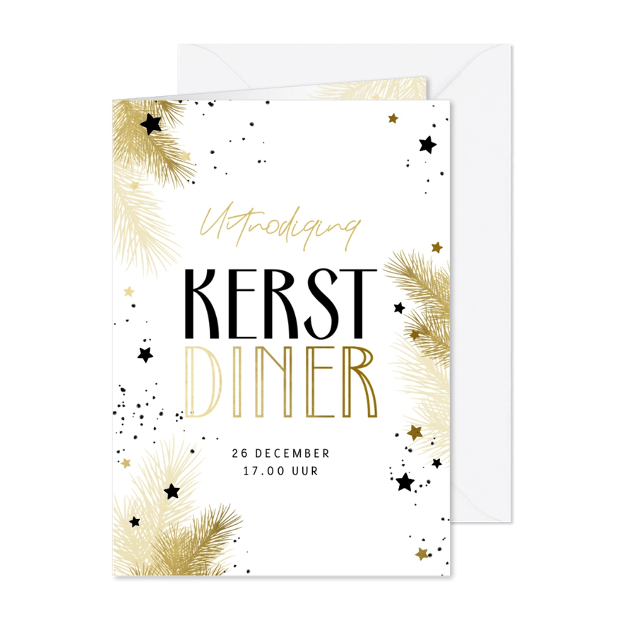 Uitnodiging kerstdiner zwart-wit goud met takjes en sterren - Kaartimpressie