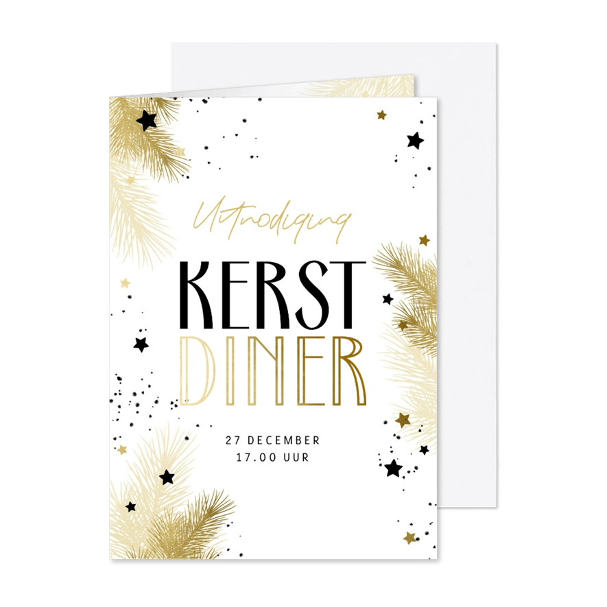 Uitnodiging kerstdiner zwart-wit goud met takjes en sterren - Kaartimpressie