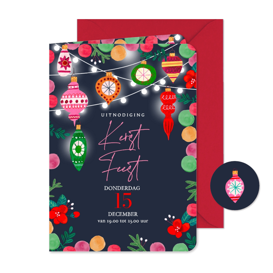 Uitnodiging kerstfeest kerstballen en lichtjes - Kaartimpressie