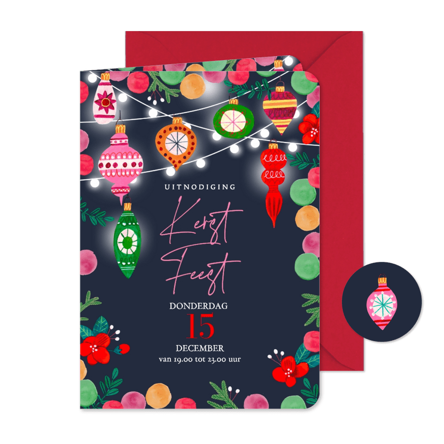 Uitnodiging kerstfeest kerstballen en lichtjes - Kaartimpressie