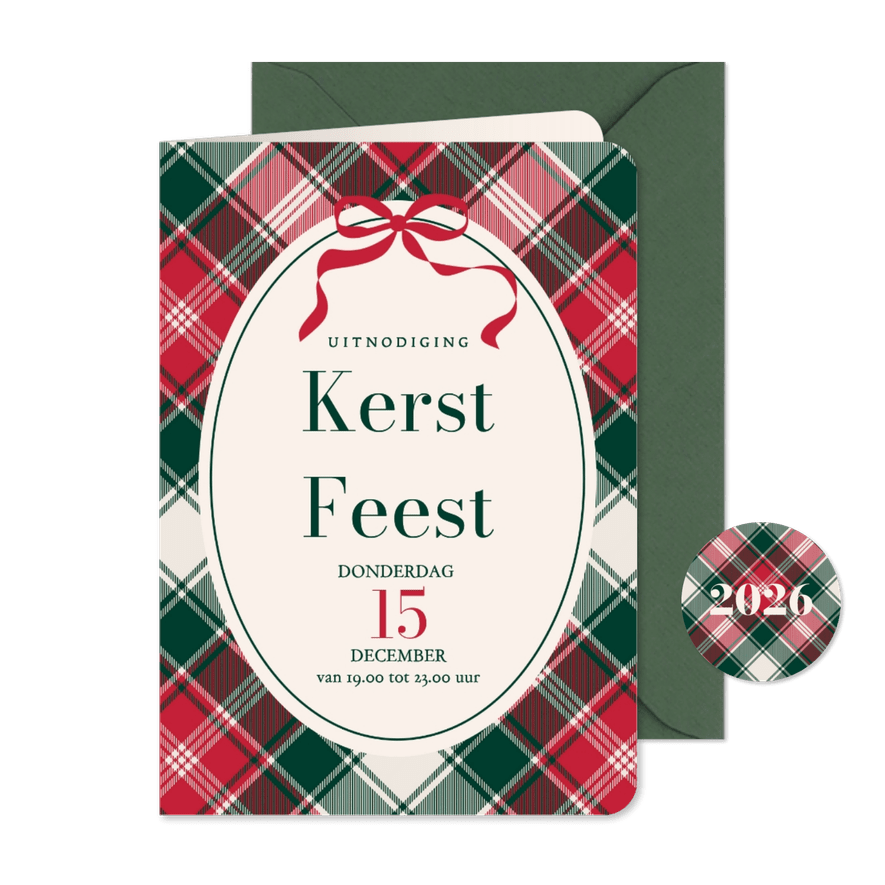 Uitnodiging kerstfeest ruit en strik - Kaartimpressie