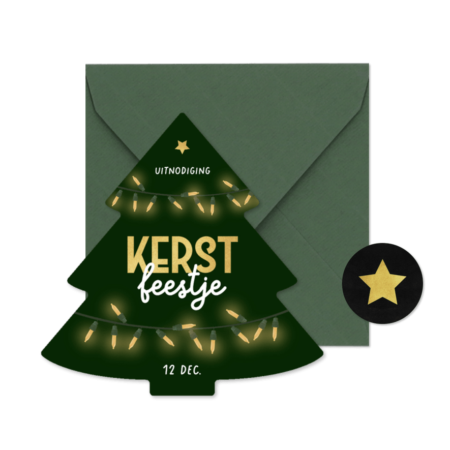 Uitnodiging kerstfeest zakelijk kerstboom lampjes feestje - Kaartimpressie
