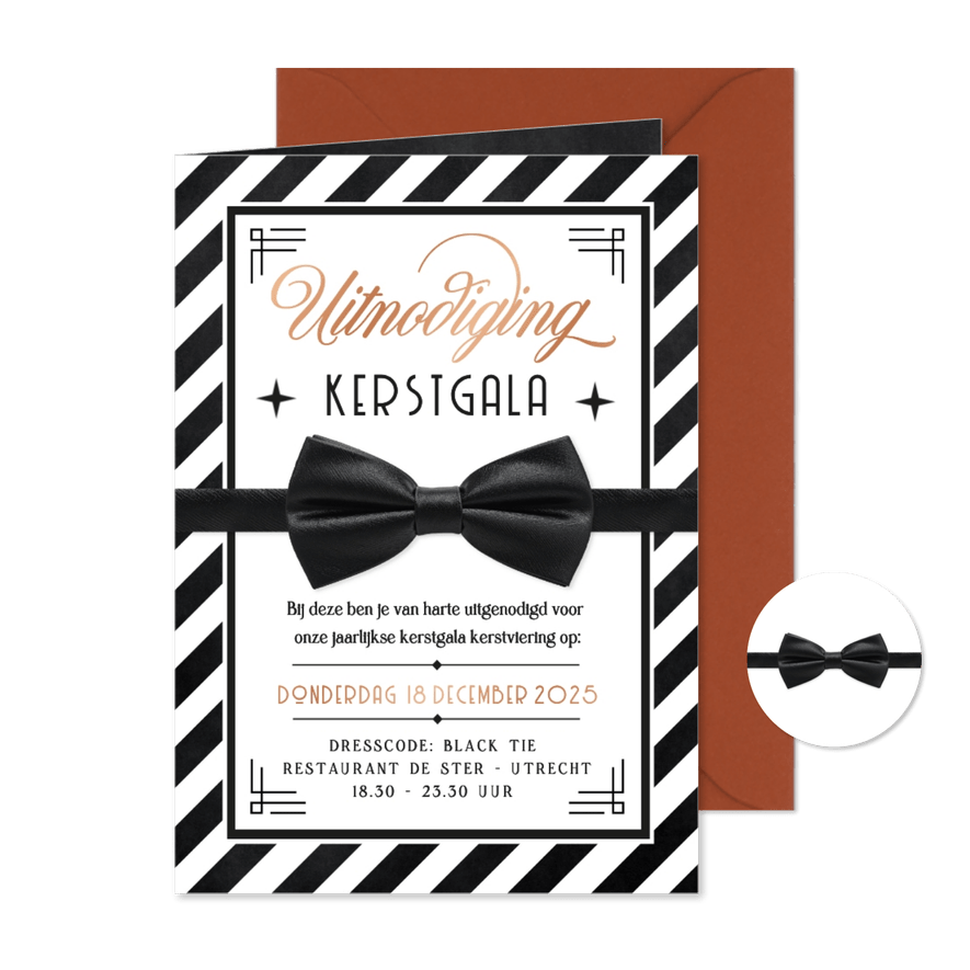 Uitnodiging kerstgala of chic kerstdiner vlinderstrikje - Kaartimpressie