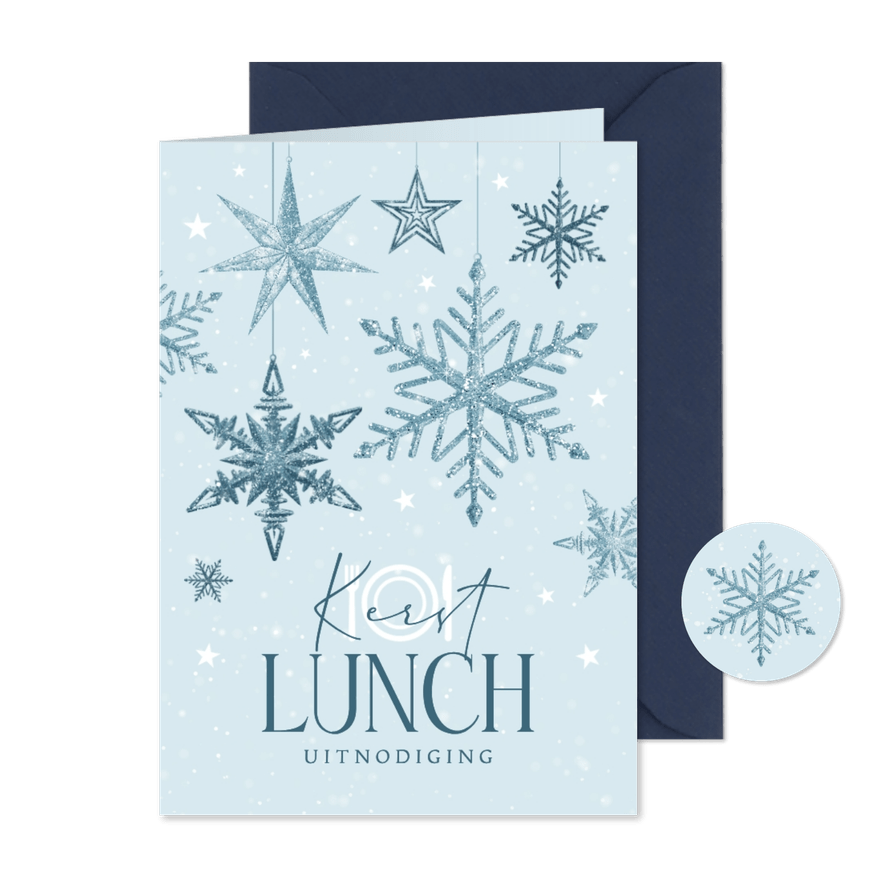 Uitnodiging kerstlunch sneeuwsterren blauw winter zakelijk - Kaartimpressie