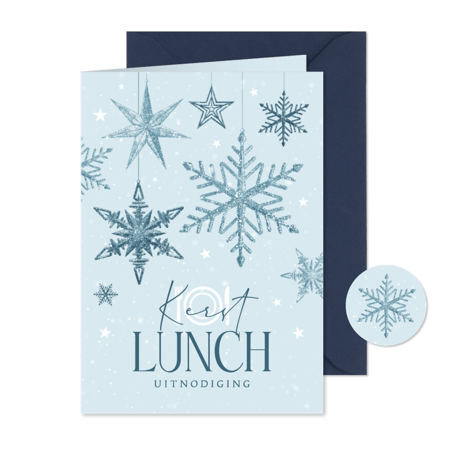 Uitnodiging kerstlunch sneeuwsterren blauw winter zakelijk - Kaartimpressie