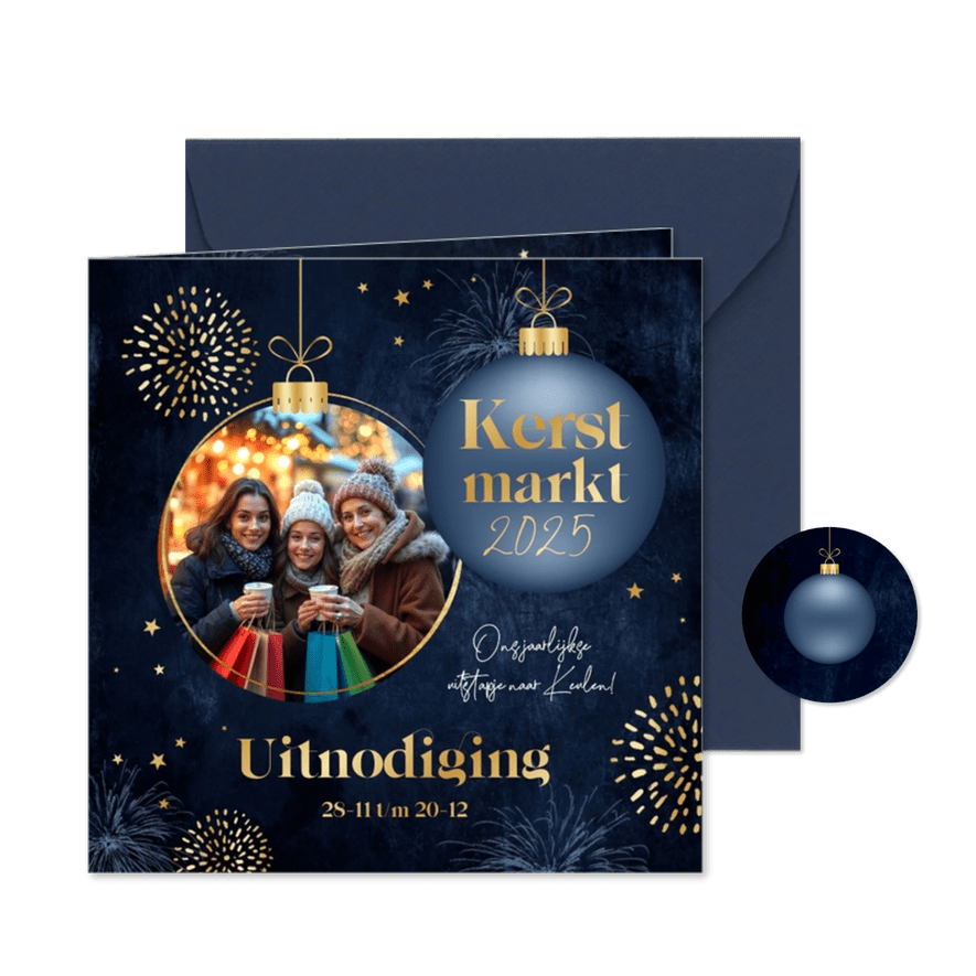 Uitnodiging kerstmarkt kerstbal sterren goud foto - Kaartimpressie