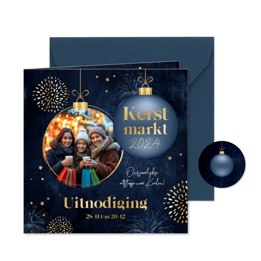 Uitnodiging kerstmarkt kerstbal sterren goud foto - Kaartimpressie