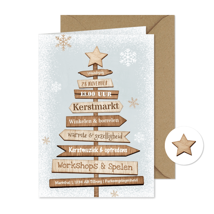Uitnodiging kerstmarkt kerstboom winter hout - Kaartimpressie