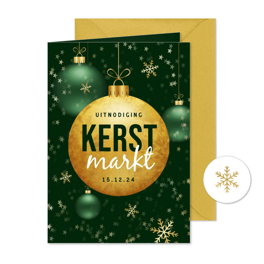 Uitnodiging kerstmarkt party kerstballen borrel - Kaartimpressie