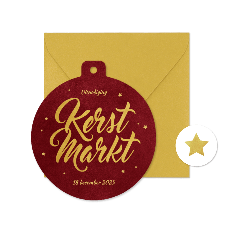 Uitnodiging kerstmarkt vorm kerstbal rood sterren  - Kaartimpressie