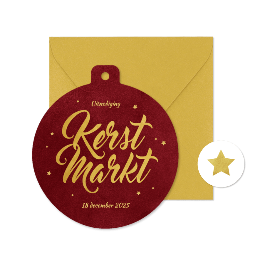Uitnodiging kerstmarkt vorm kerstbal rood sterren - Kaartimpressie