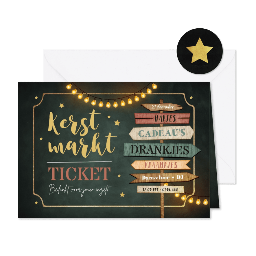 Uitnodiging kerstmarkt wegwijzers ticket sterren - Kaartimpressie