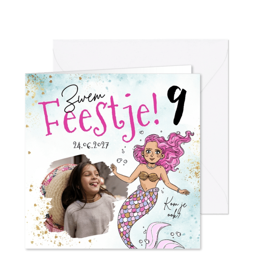 Uitnodiging kinder zwemfeestje zeemeermin goud waterverf - Kaartimpressie