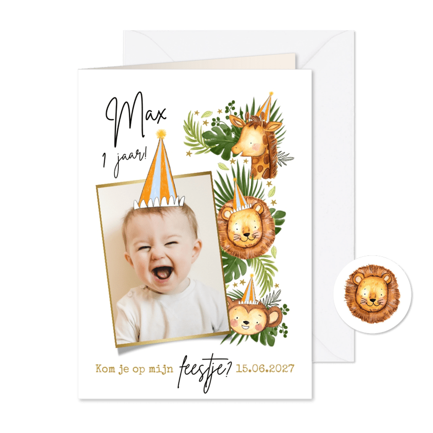 Uitnodiging kinderfeest 1 jaar jungle aap giraf leeuw foto - Kaartimpressie