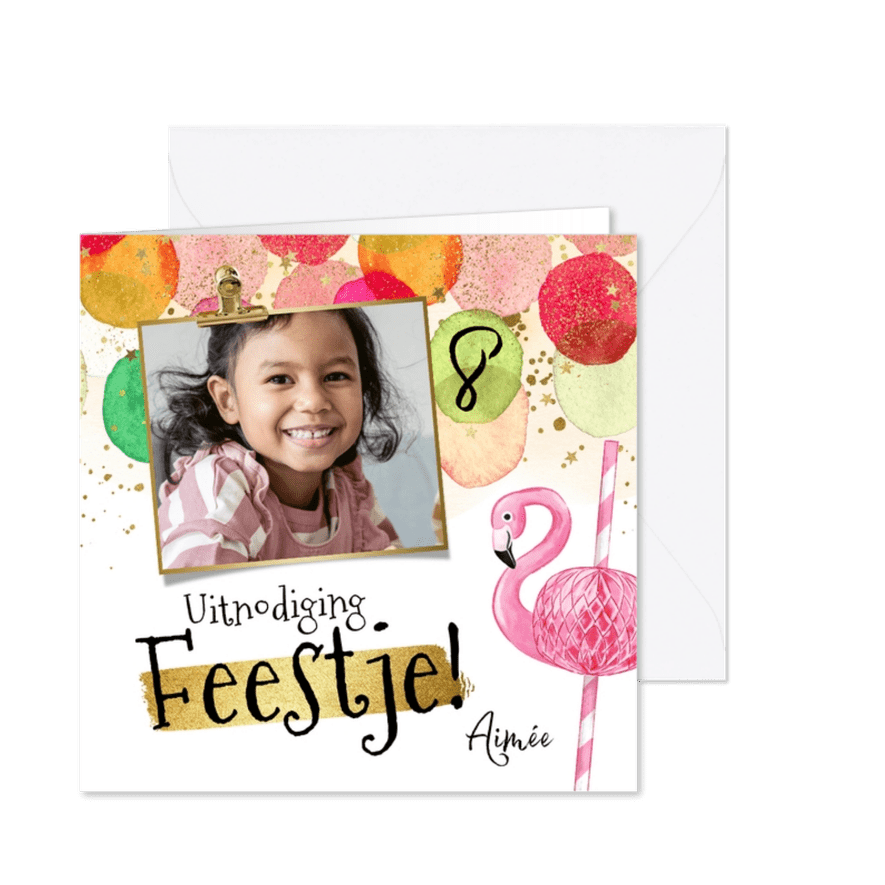 Uitnodiging kinderfeest ballonnen waterverf flamingo goud - Kaartimpressie